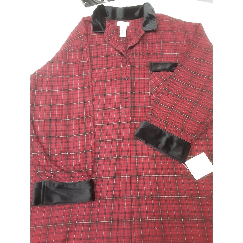 Vtg Amanda Stewart Nightgown Plaid Flannel Velvet Trim 3X Long Cottagecore Grann